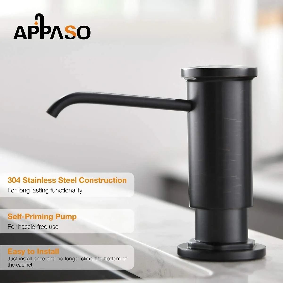 APPASO Kitchen Sink Soap Dispenser Stainless Steel Pump Head 17 Ounce Large PET Matte Black 048MB