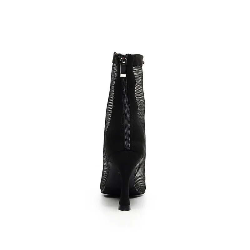 Black Mesh Peep Toe Lace Up High Heeled Boots