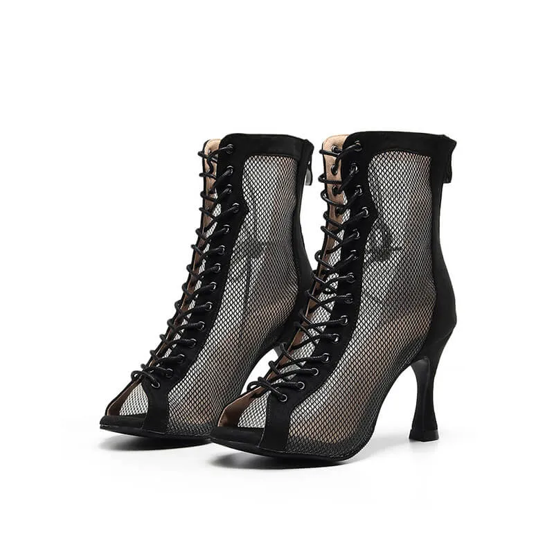 Black Mesh Peep Toe Lace Up High Heeled Boots