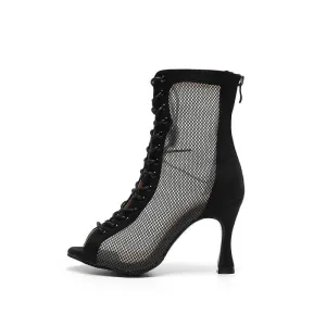 Black Mesh Peep Toe Lace Up High Heeled Boots