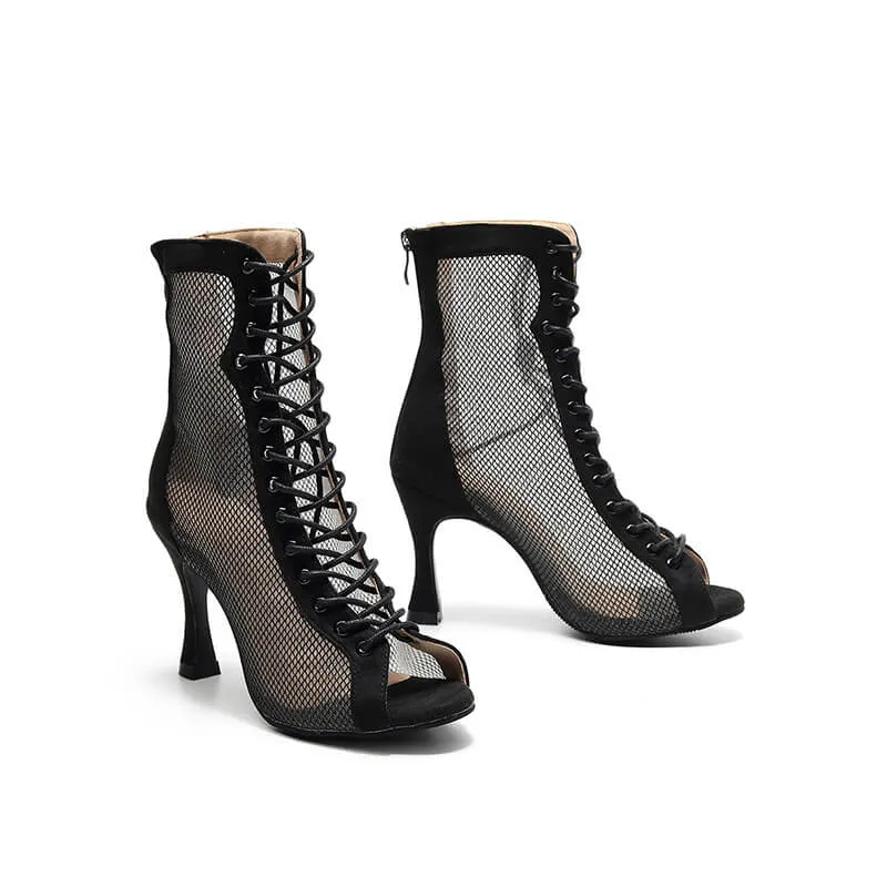 Black Mesh Peep Toe Lace Up High Heeled Boots