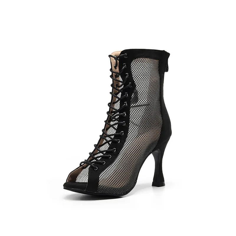 Black Mesh Peep Toe Lace Up High Heeled Boots