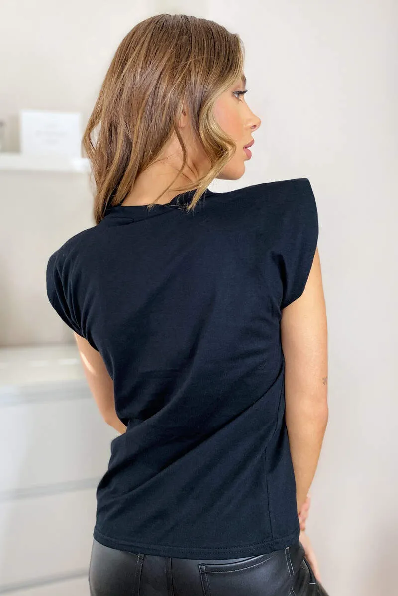 Black Padded Shoulder Sleeveless T-Shirt