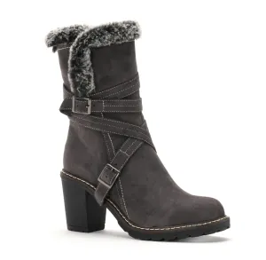 Corkys Cottage Faux Suede Sherpa Trimmed Buckle Detailed Heeled Boots Grey