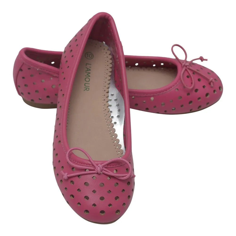 Girls Fuchsia Perforated Bow Ballet Trendy Flats 7-10 Toddler