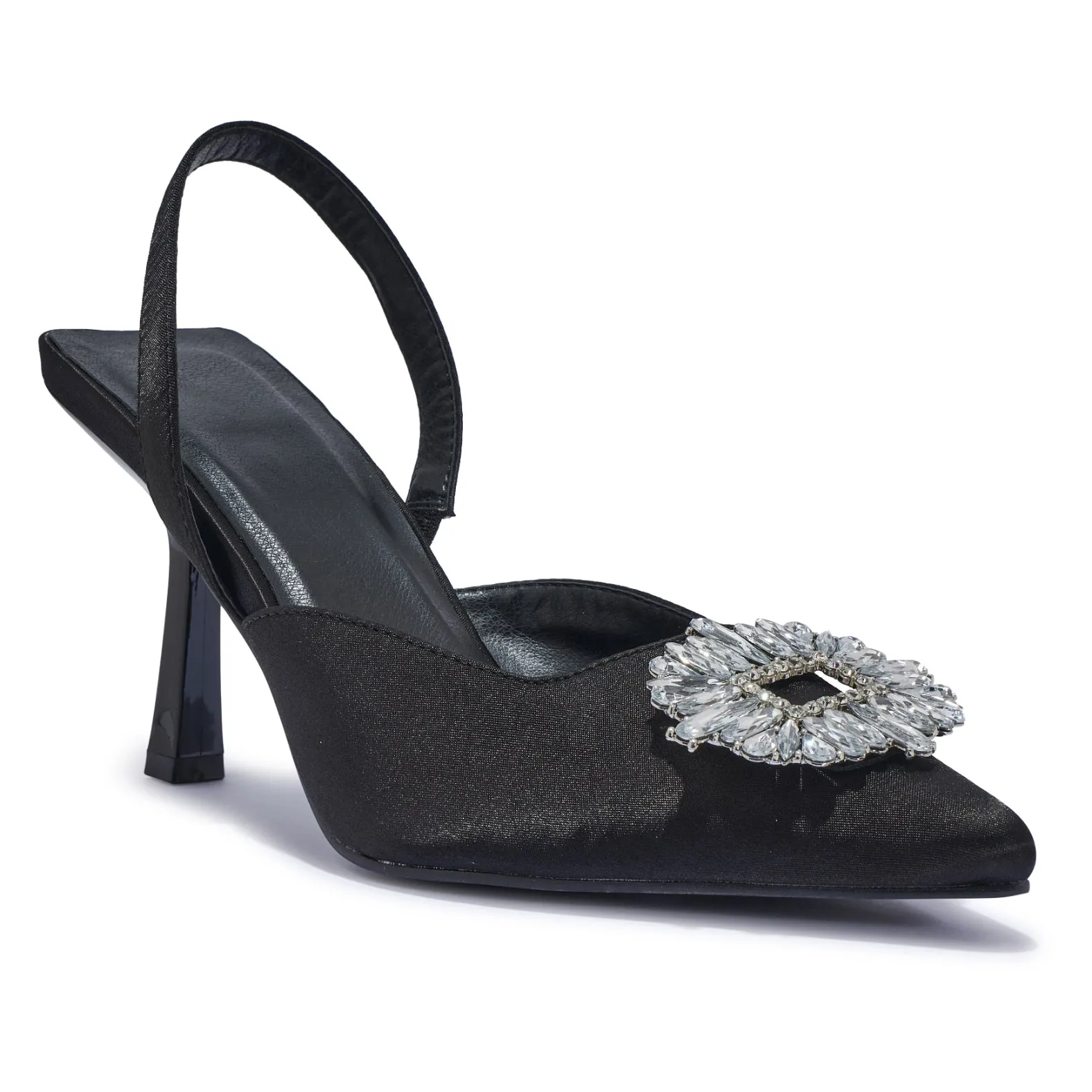 MARIANA BLACK SATIN SLINGBACK JEWEL HEELS