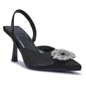 MARIANA BLACK SATIN SLINGBACK JEWEL HEELS
