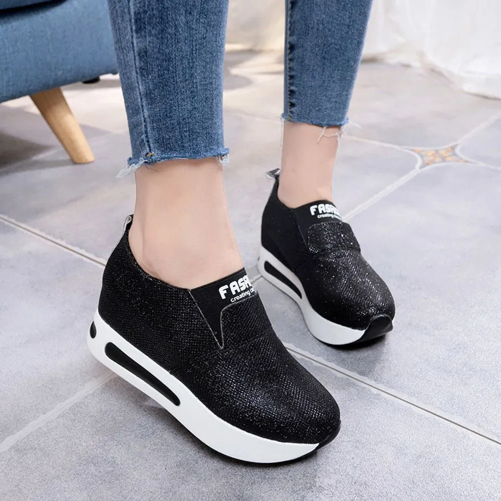 OCW New Walking Fashion Rhinestone Sequins Glitter Shiny Bling Crystal Ultra Soft Wedge Trainers For Women