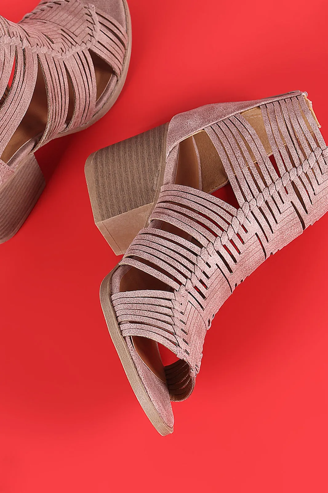 Qupid Distressed Strappy Woven Chunky Heeled Booties
