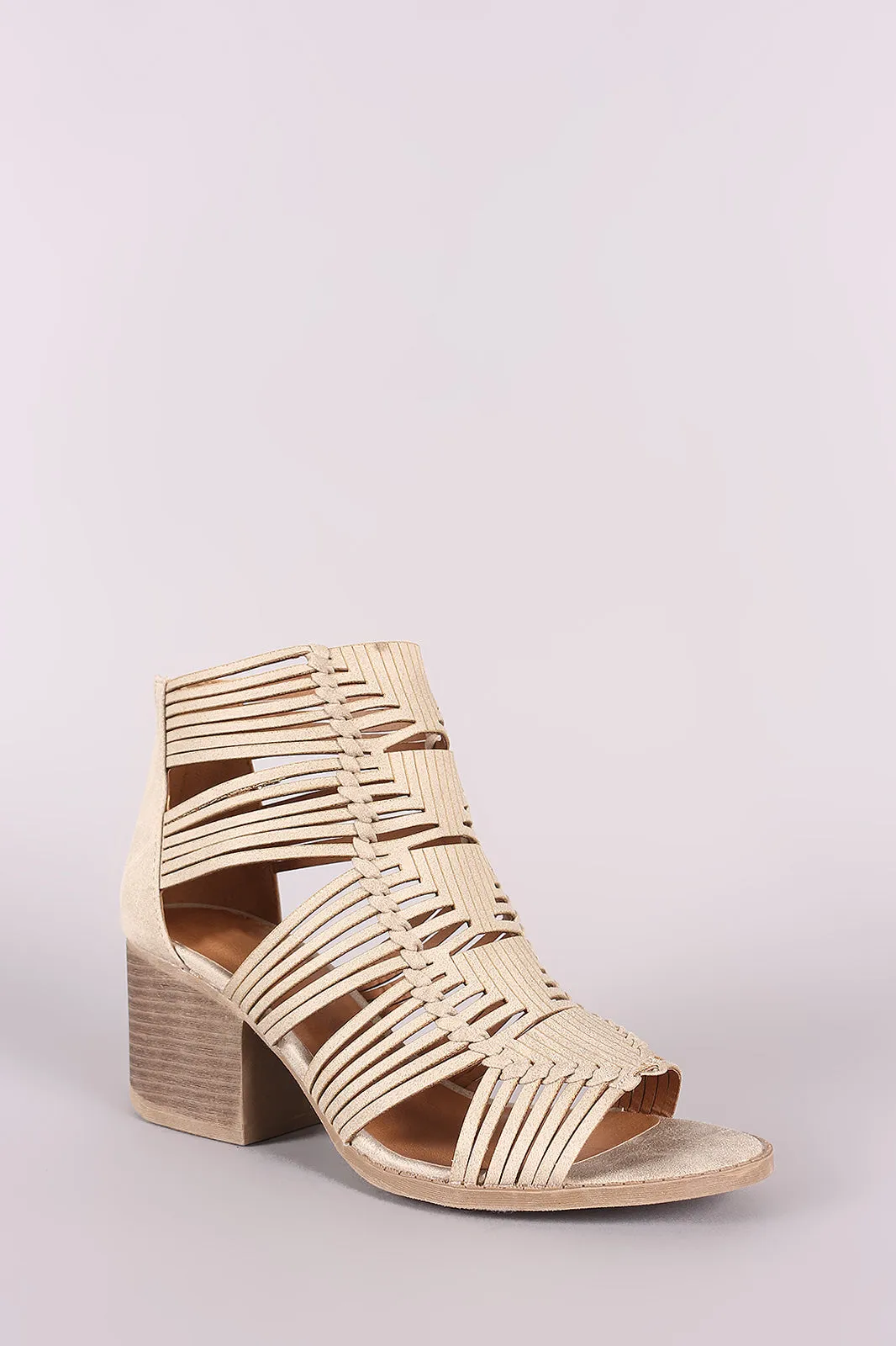 Qupid Distressed Strappy Woven Chunky Heeled Booties