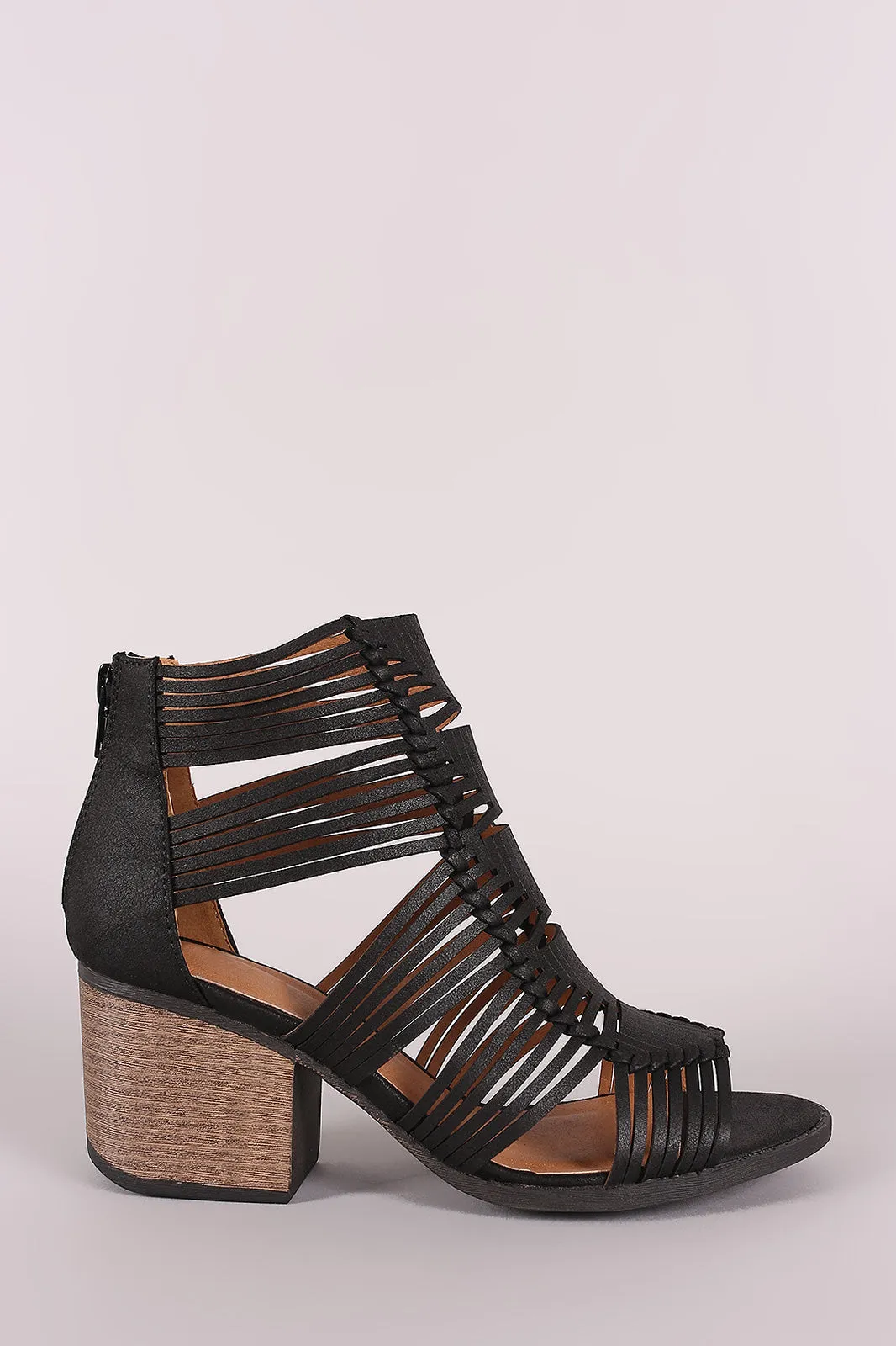 Qupid Distressed Strappy Woven Chunky Heeled Booties