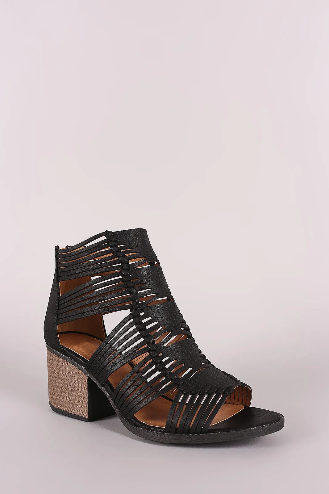 Qupid Distressed Strappy Woven Chunky Heeled Booties