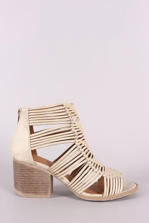 Qupid Distressed Strappy Woven Chunky Heeled Booties