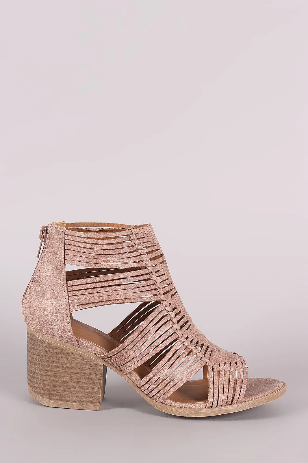Qupid Distressed Strappy Woven Chunky Heeled Booties