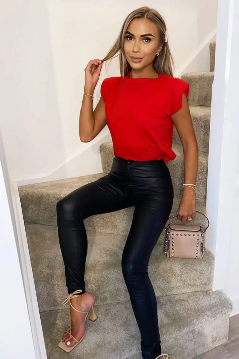Red Padded Shoulder Sleeveless T-Shirt