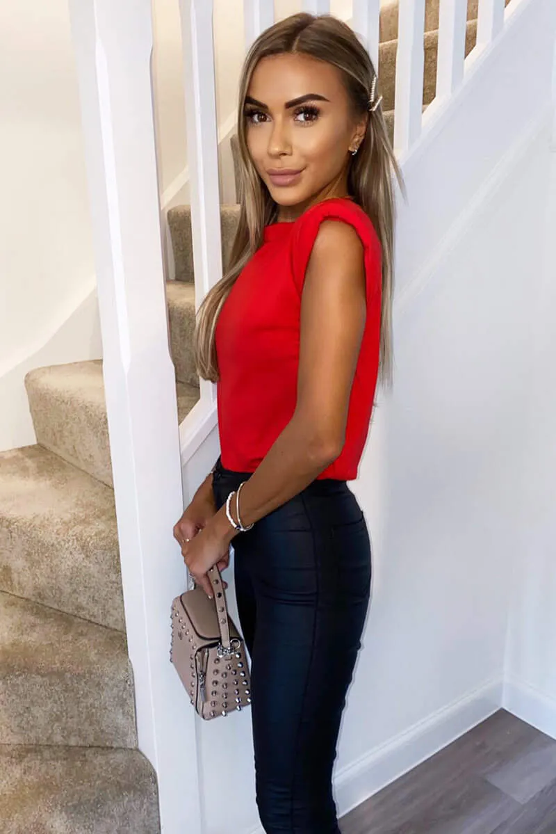 Red Padded Shoulder Sleeveless T-Shirt