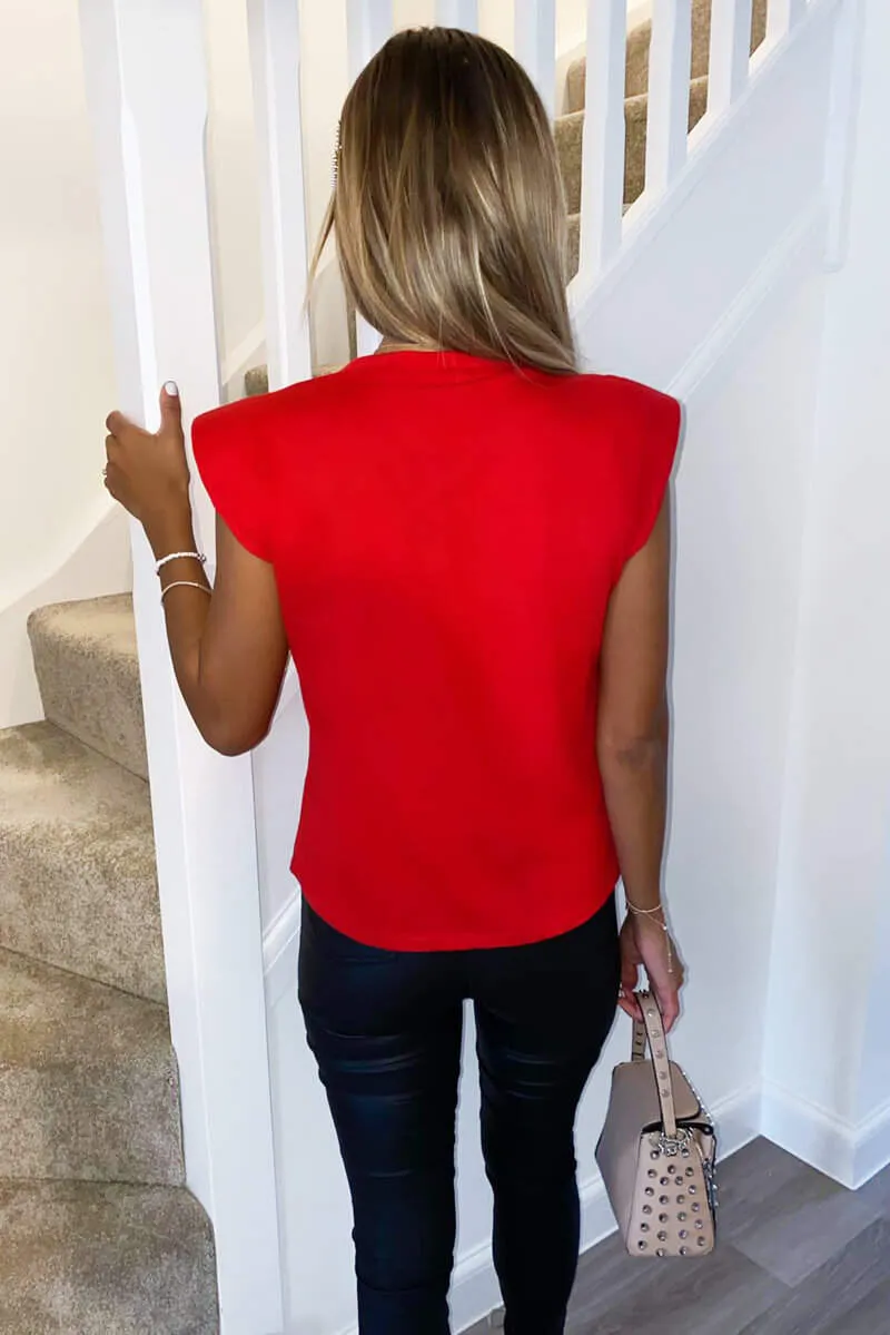 Red Padded Shoulder Sleeveless T-Shirt