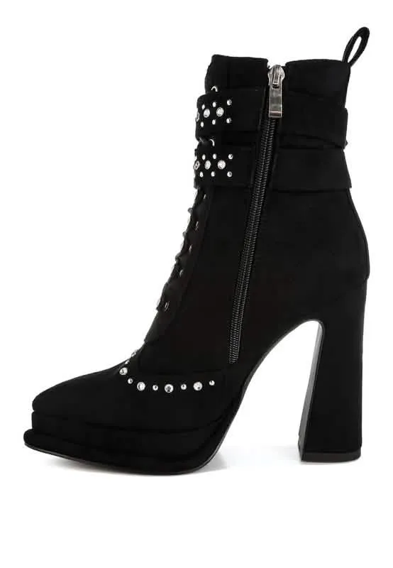 Retro Glam Studded Lace-Up Chunky Heel Ankle Boots