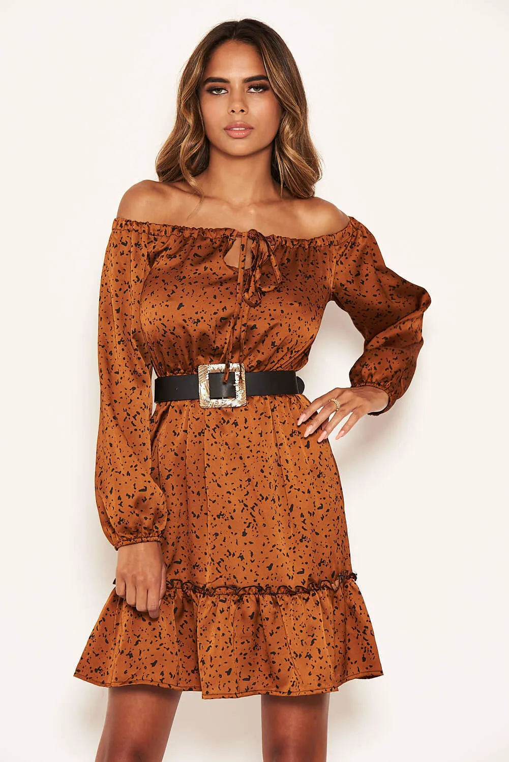 Rust Printed Off Shoulder Dress