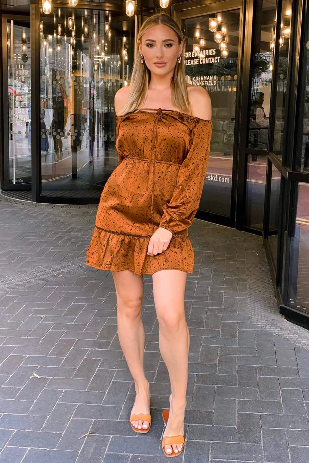 Rust Printed Off Shoulder Dress
