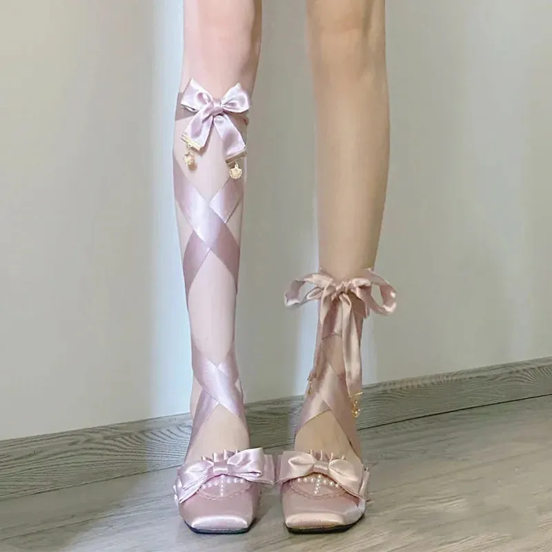 Sohiwoo Lolita Sweet French Style Fairy Silk Bandage Ballet Shoes Women Square Toe Butterfly-knot Women Pumps Elegant Valentine Shoes