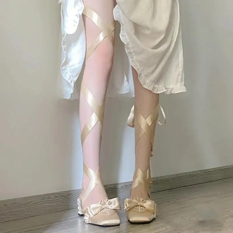 Sohiwoo Lolita Sweet French Style Fairy Silk Bandage Ballet Shoes Women Square Toe Butterfly-knot Women Pumps Elegant Valentine Shoes