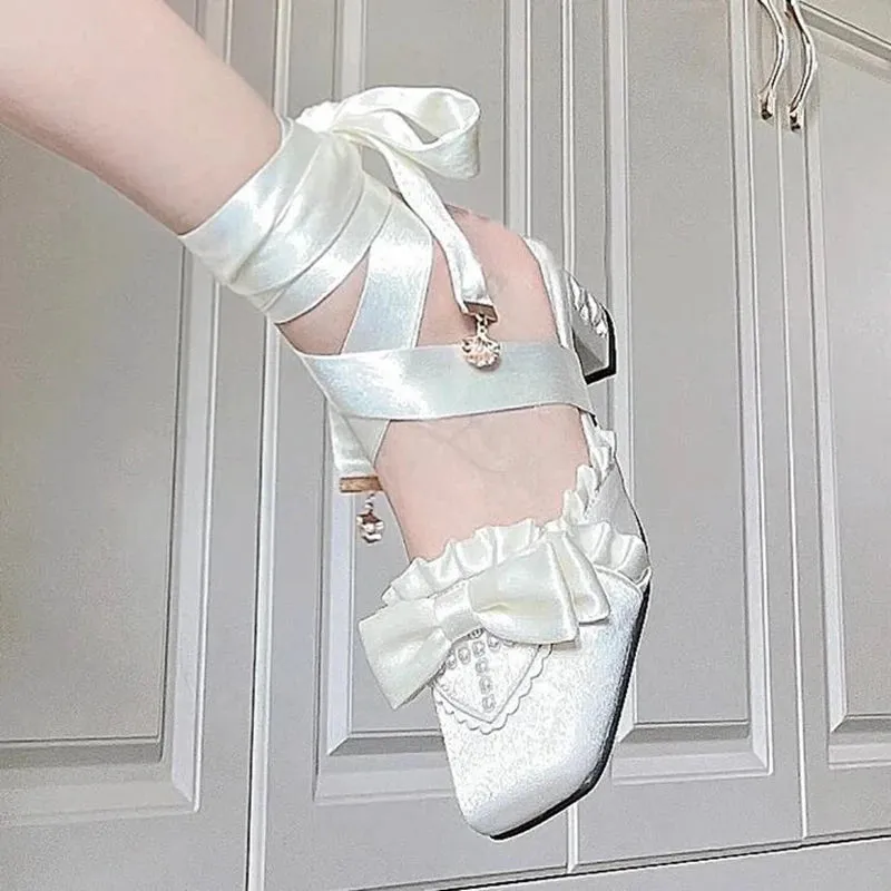 Sohiwoo Lolita Sweet French Style Fairy Silk Bandage Ballet Shoes Women Square Toe Butterfly-knot Women Pumps Elegant Valentine Shoes