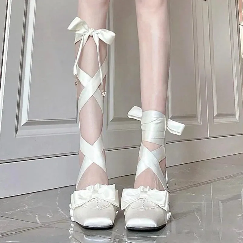 Sohiwoo Lolita Sweet French Style Fairy Silk Bandage Ballet Shoes Women Square Toe Butterfly-knot Women Pumps Elegant Valentine Shoes