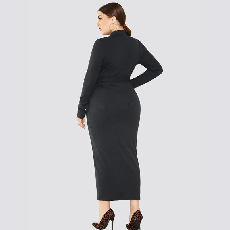 Solid Long-Sleeve Tie-Waist Midi Dress