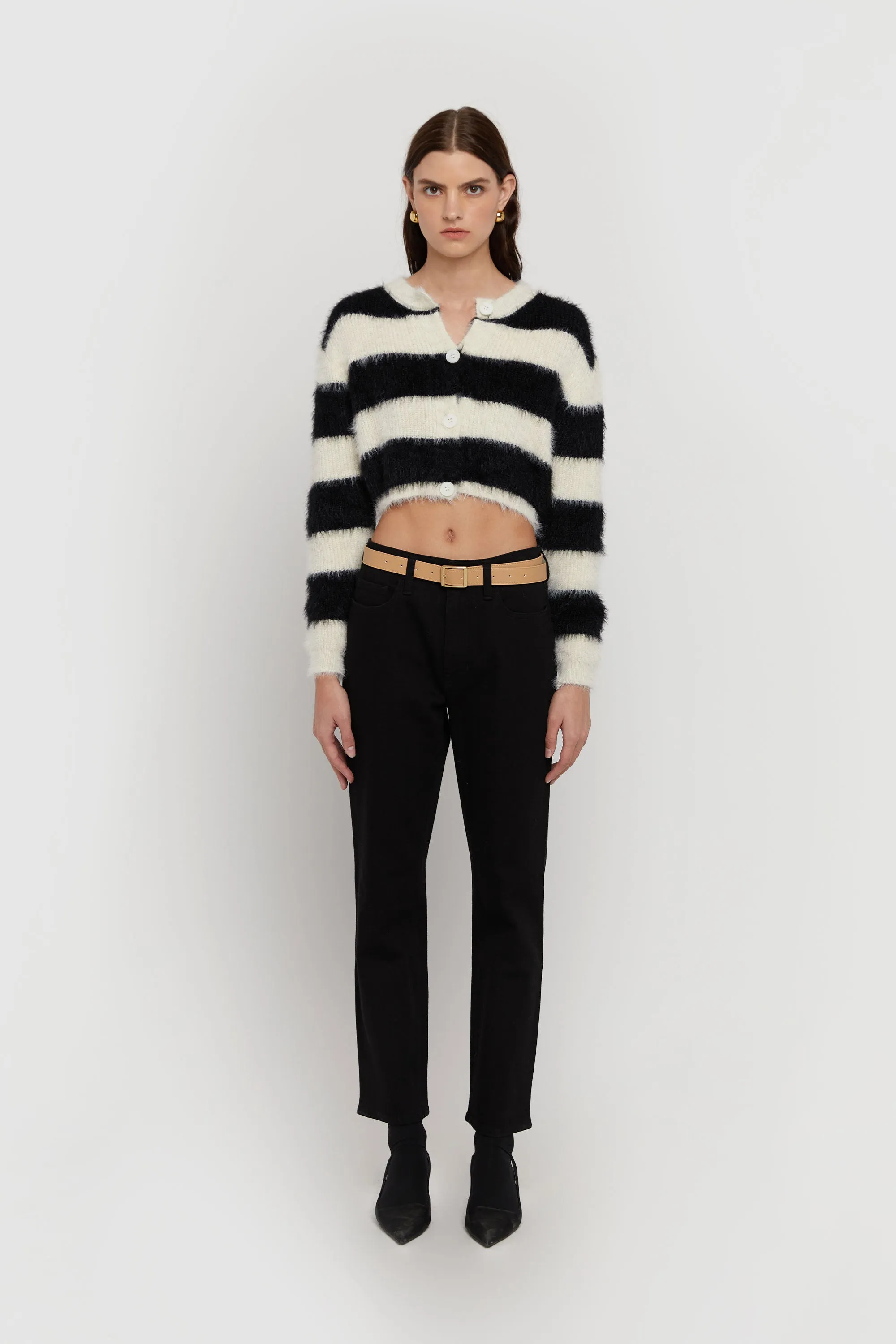 STRIPED FUZZY CARDIGAN